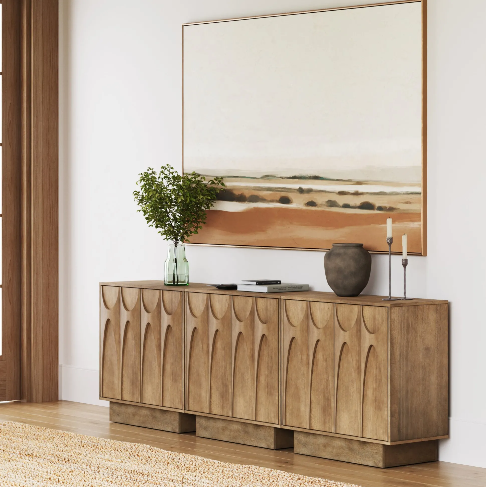 Wooden TV Console with Antique Carved Doors for TVs up to 75" Light Brown