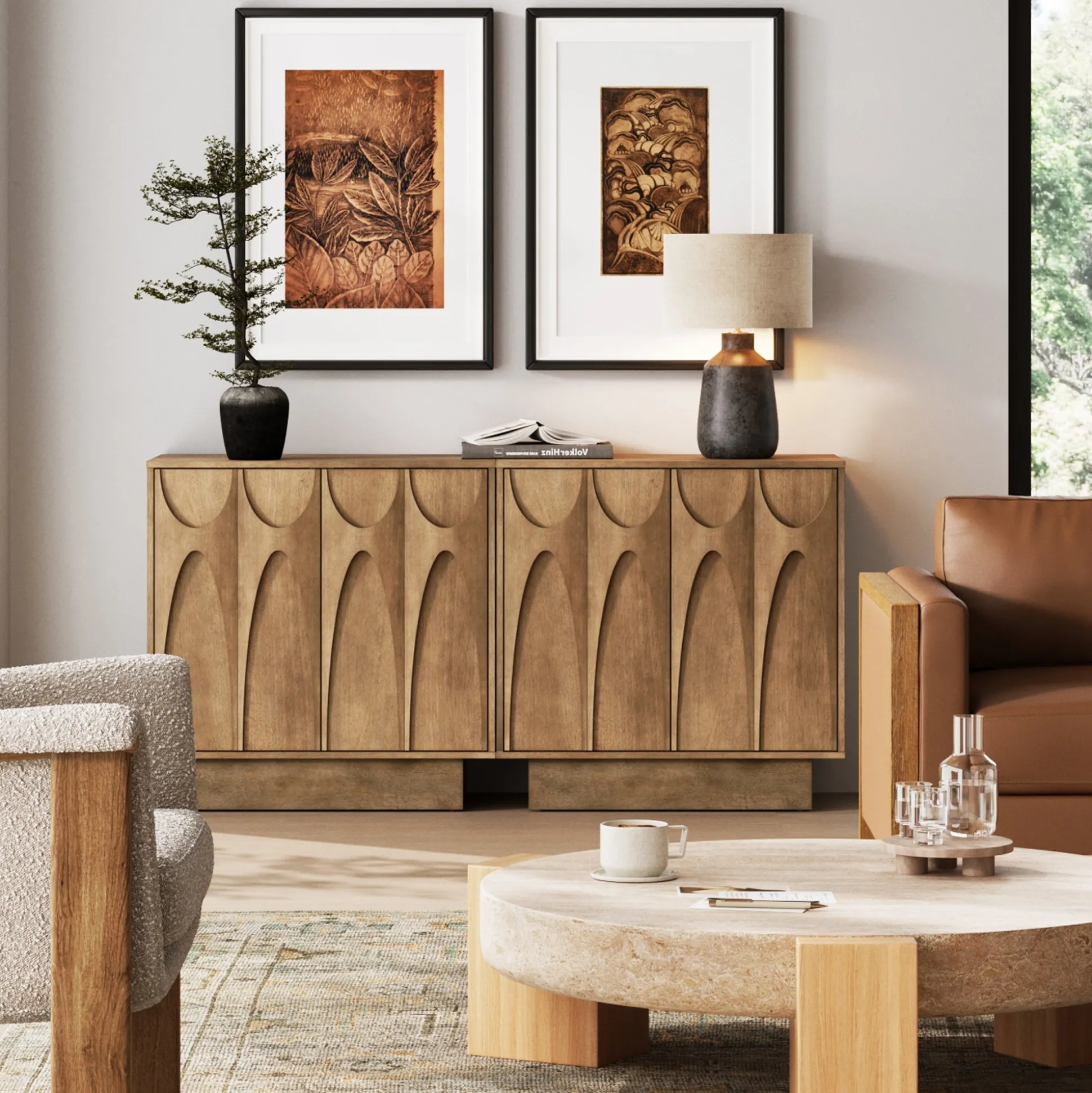 Wooden TV Console with Antique Carved Doors for TVs up to 65" Light Brown