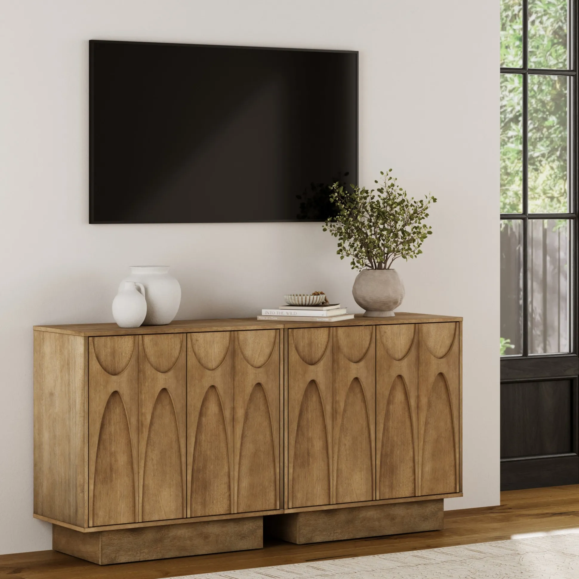 Wooden TV Console with Antique Carved Doors for TVs up to 65" Light Brown