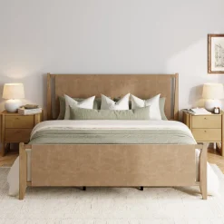 Wood & Faux Leather Bed Frame with Headboard Light Brown | Size King