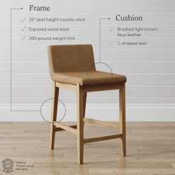 Wood Faux Leather Counter Height Bar Stool Light Brown