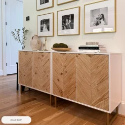 Wood Herringbone Storage Cabinet Credenza White (Set of 2)