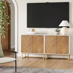 Wood Herringbone Storage Cabinet Credenza White (Set of 2)