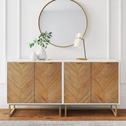 Wood Herringbone Storage Cabinet Credenza White (Set of 2)