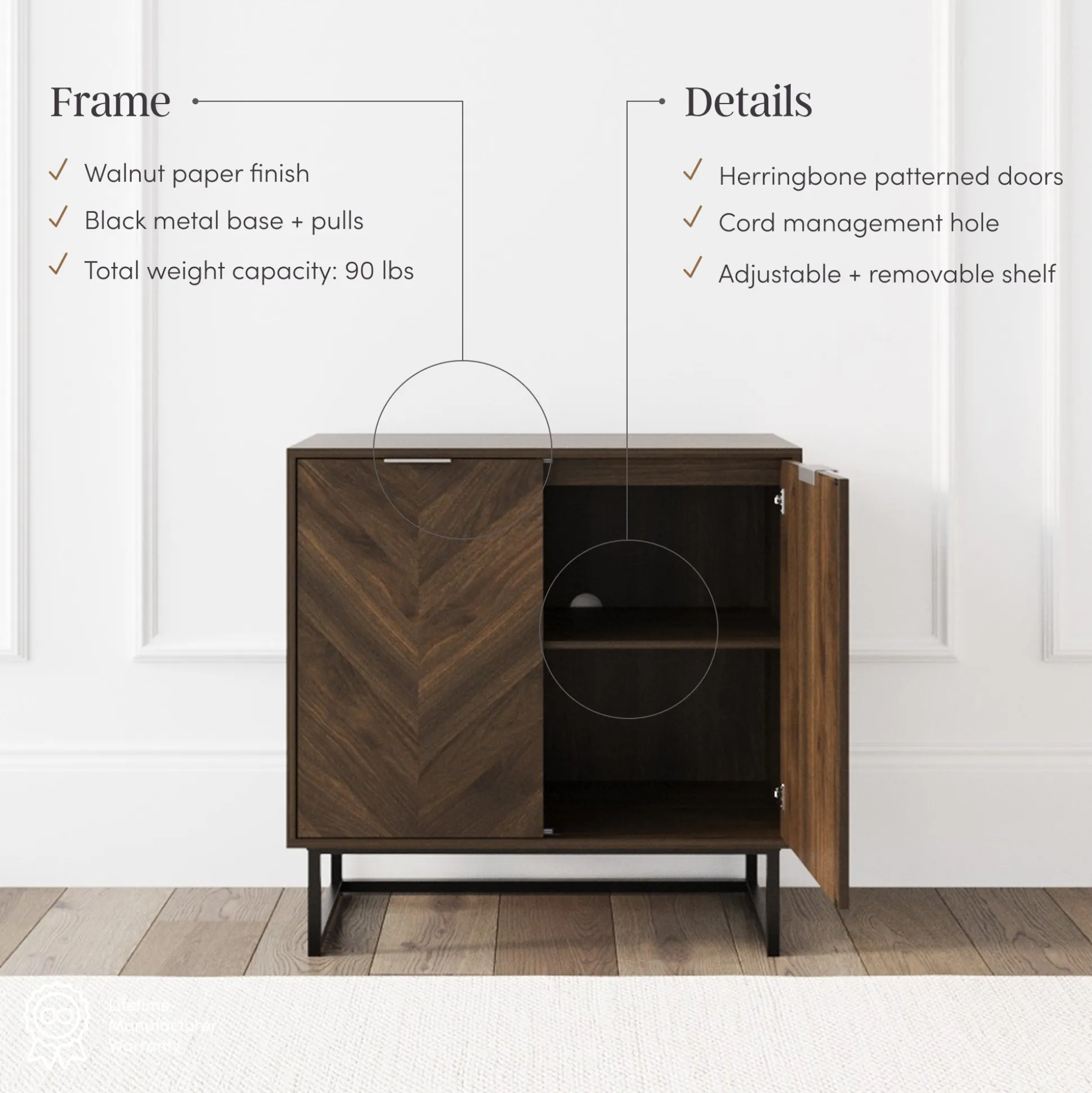 Wood Herringbone Storage Cabinet Credenza Walnut (Set of 2)