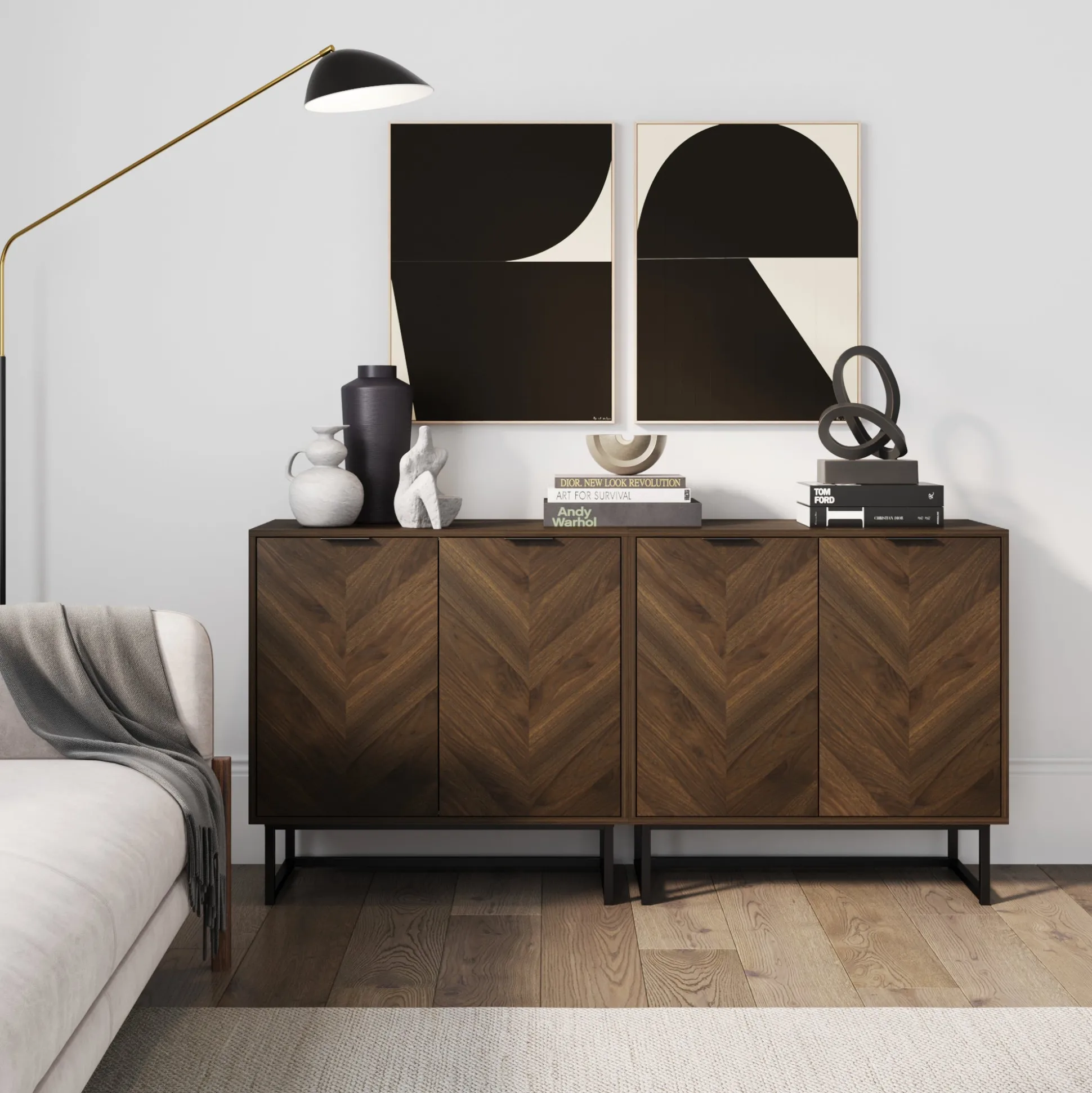 Wood Herringbone Storage Cabinet Credenza Walnut (Set of 2)