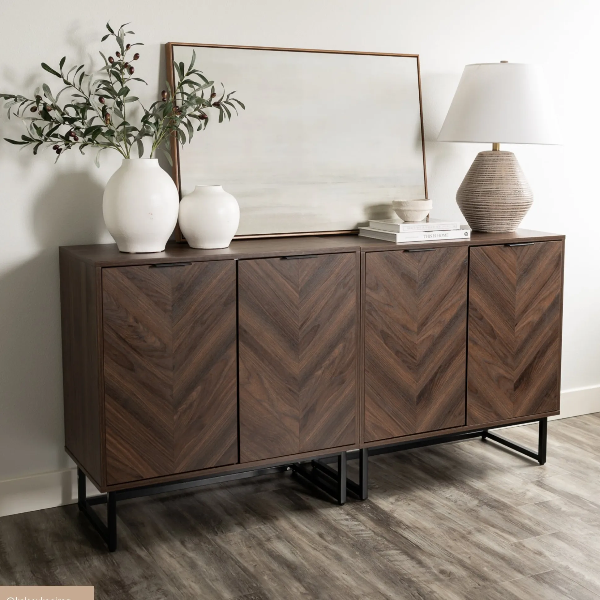 Wood Herringbone Storage Cabinet Credenza Walnut (Set of 2)