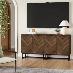 Wood Herringbone Storage Cabinet Credenza Walnut (Set of 2)