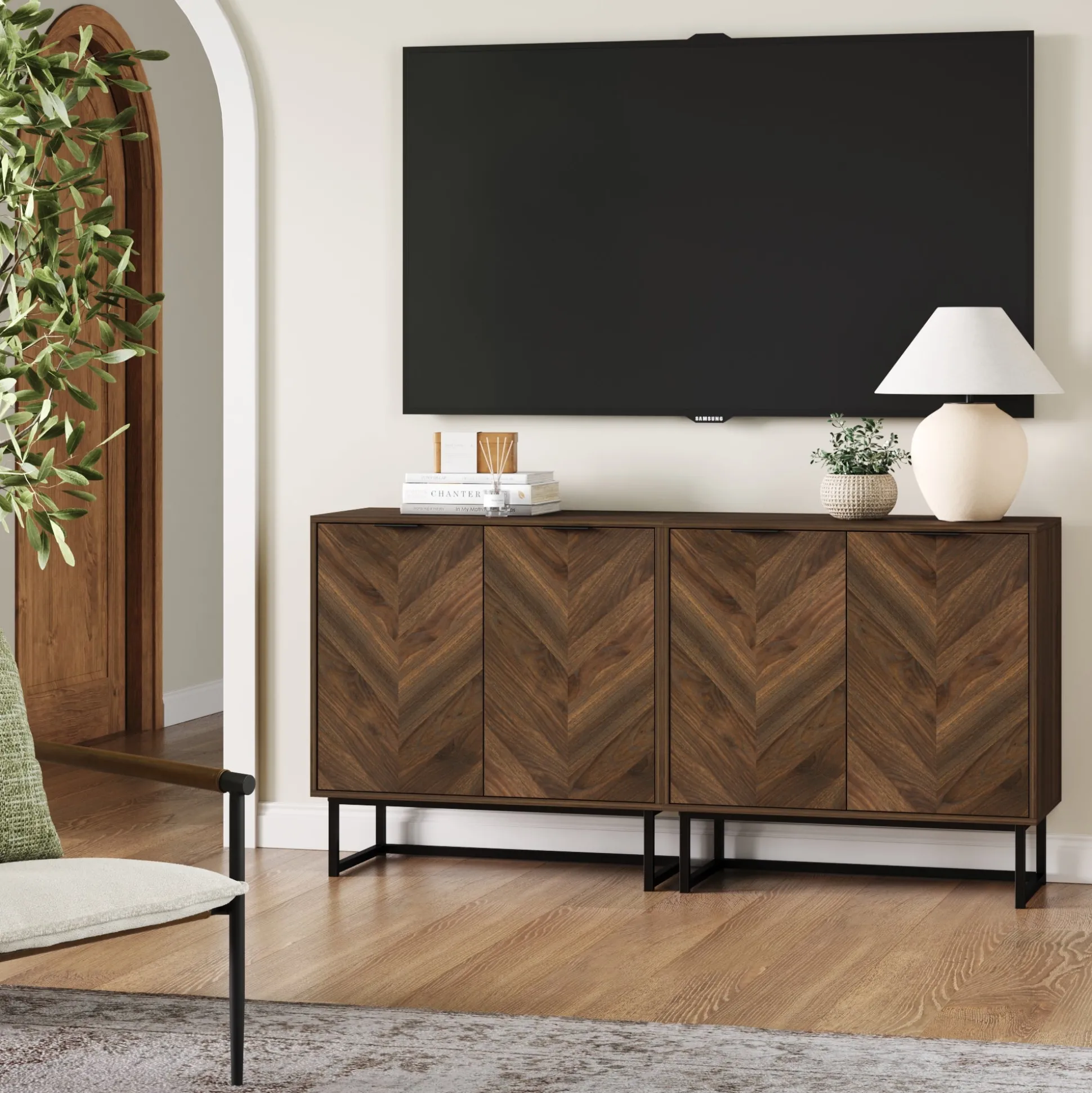 Wood Herringbone Storage Cabinet Credenza Walnut (Set of 2)