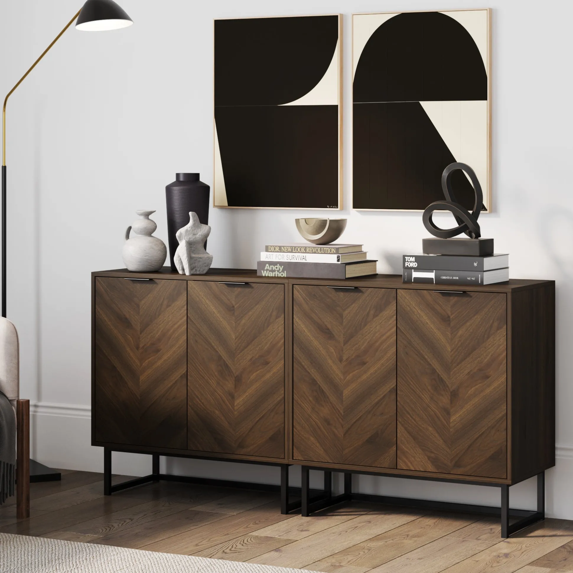 Wood Herringbone Storage Cabinet Credenza Walnut (Set of 2)