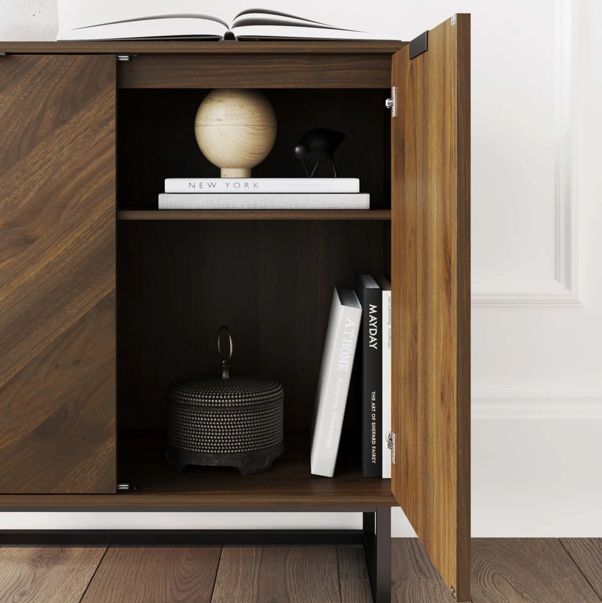 Wood Herringbone Storage Cabinet Credenza Walnut (Set of 2)