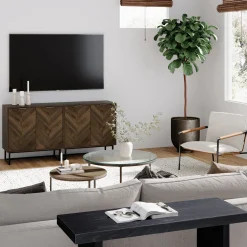 Wood Herringbone Storage Cabinet Credenza Walnut (Set of 2)