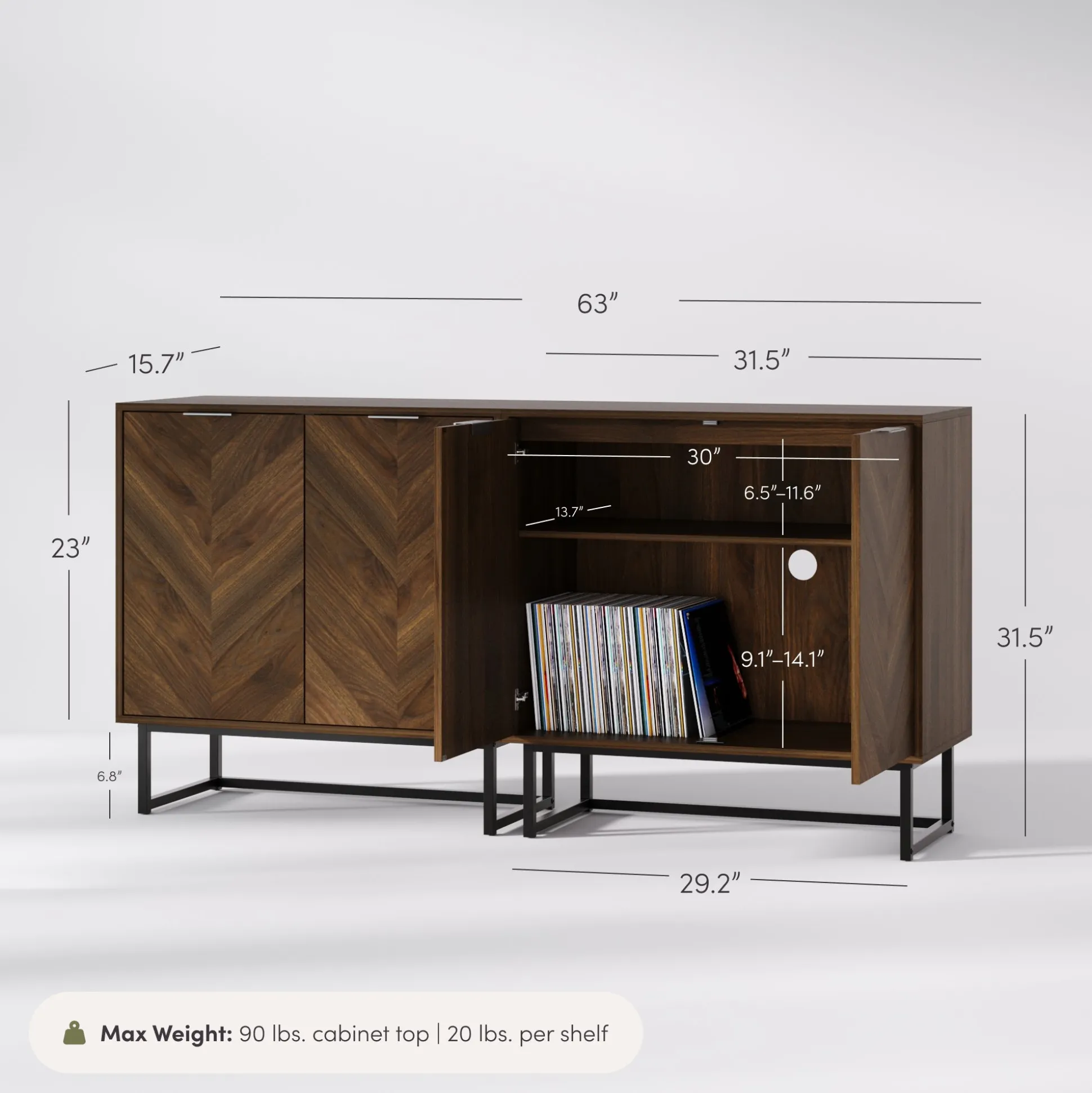 Wood Herringbone Storage Cabinet Credenza Walnut (Set of 2)