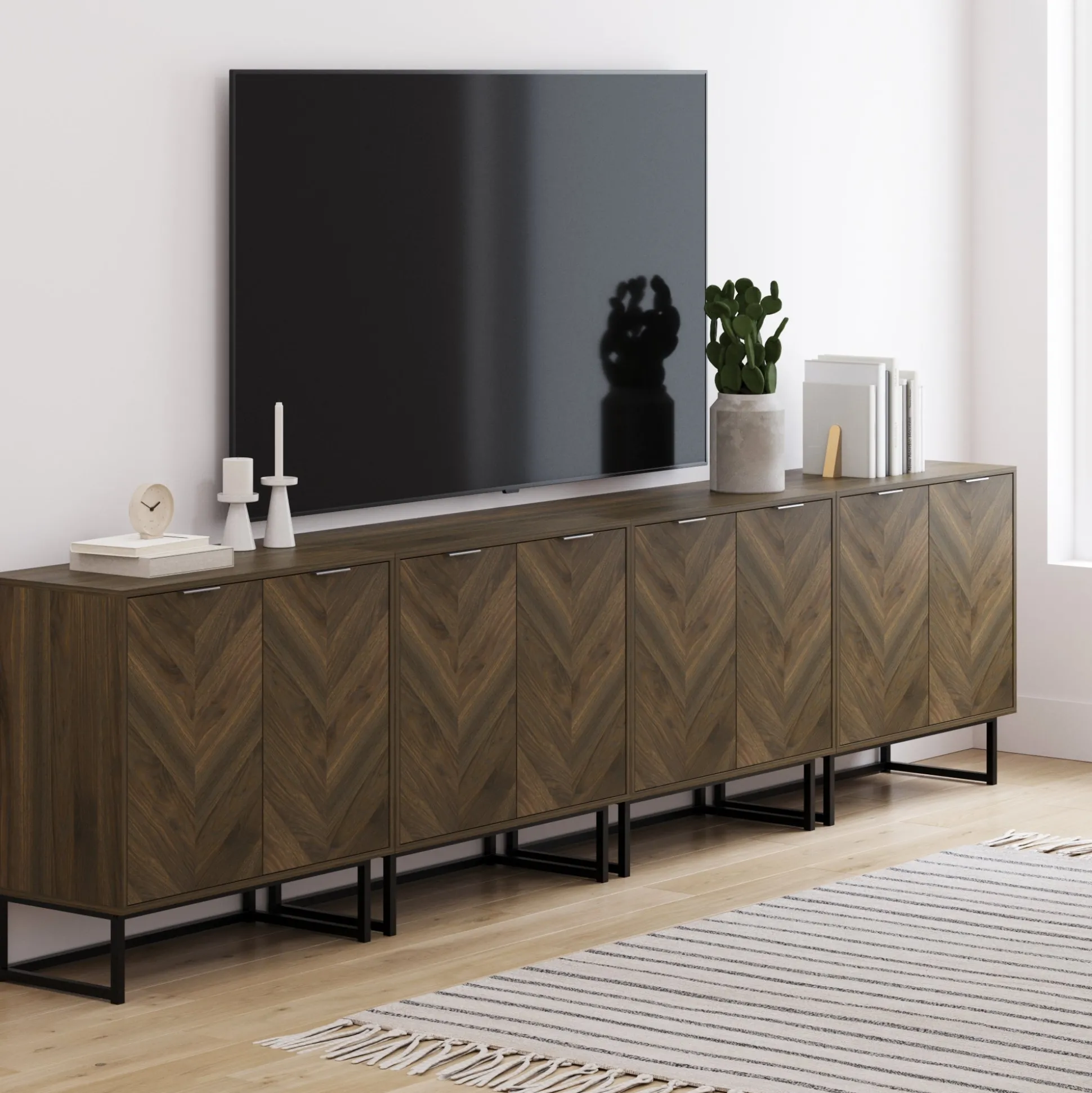 Wood Herringbone TV Console for TVs up to 100" Walnut