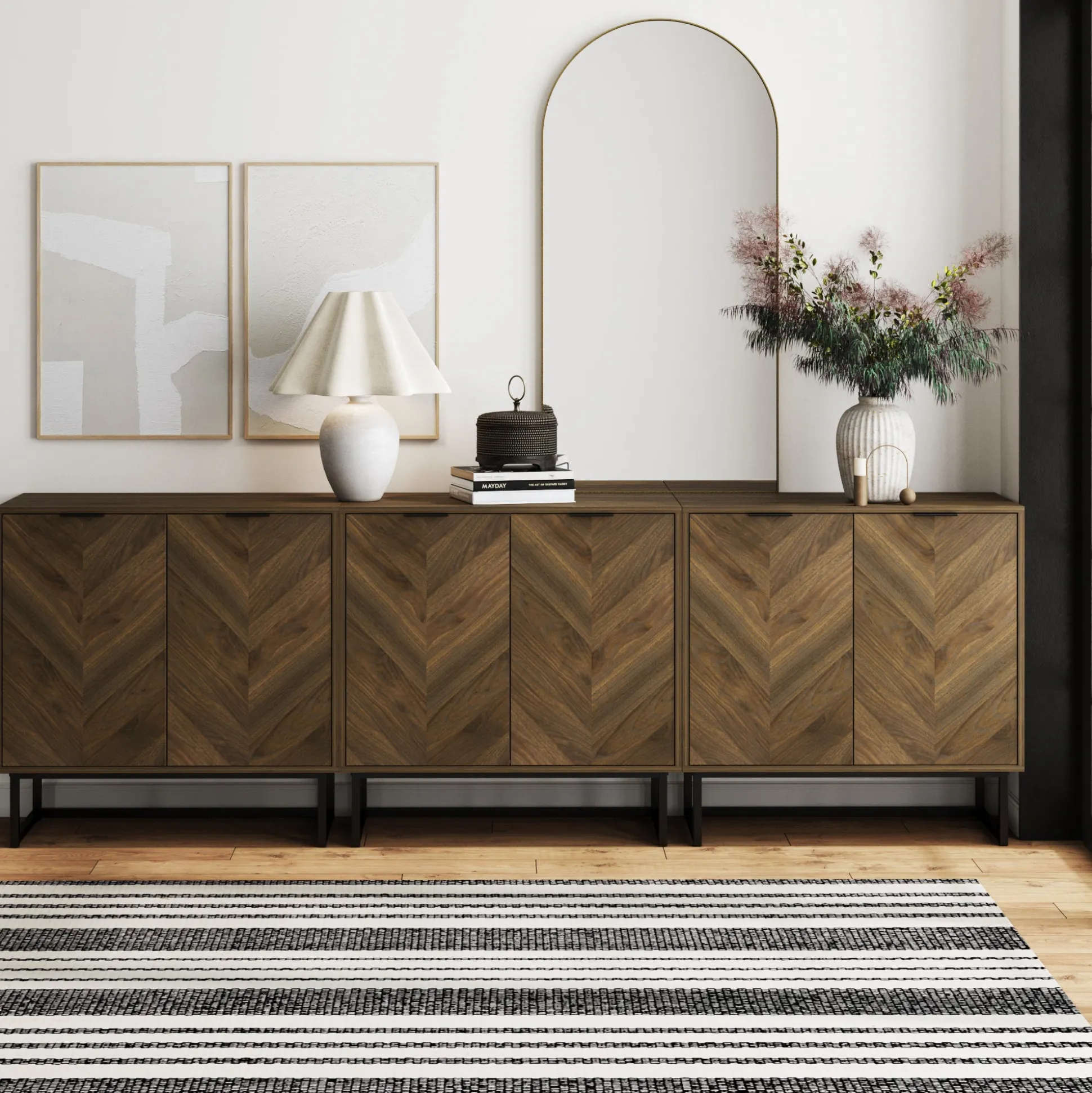 Wood Herringbone TV Console for TVs up to 75" Walnut