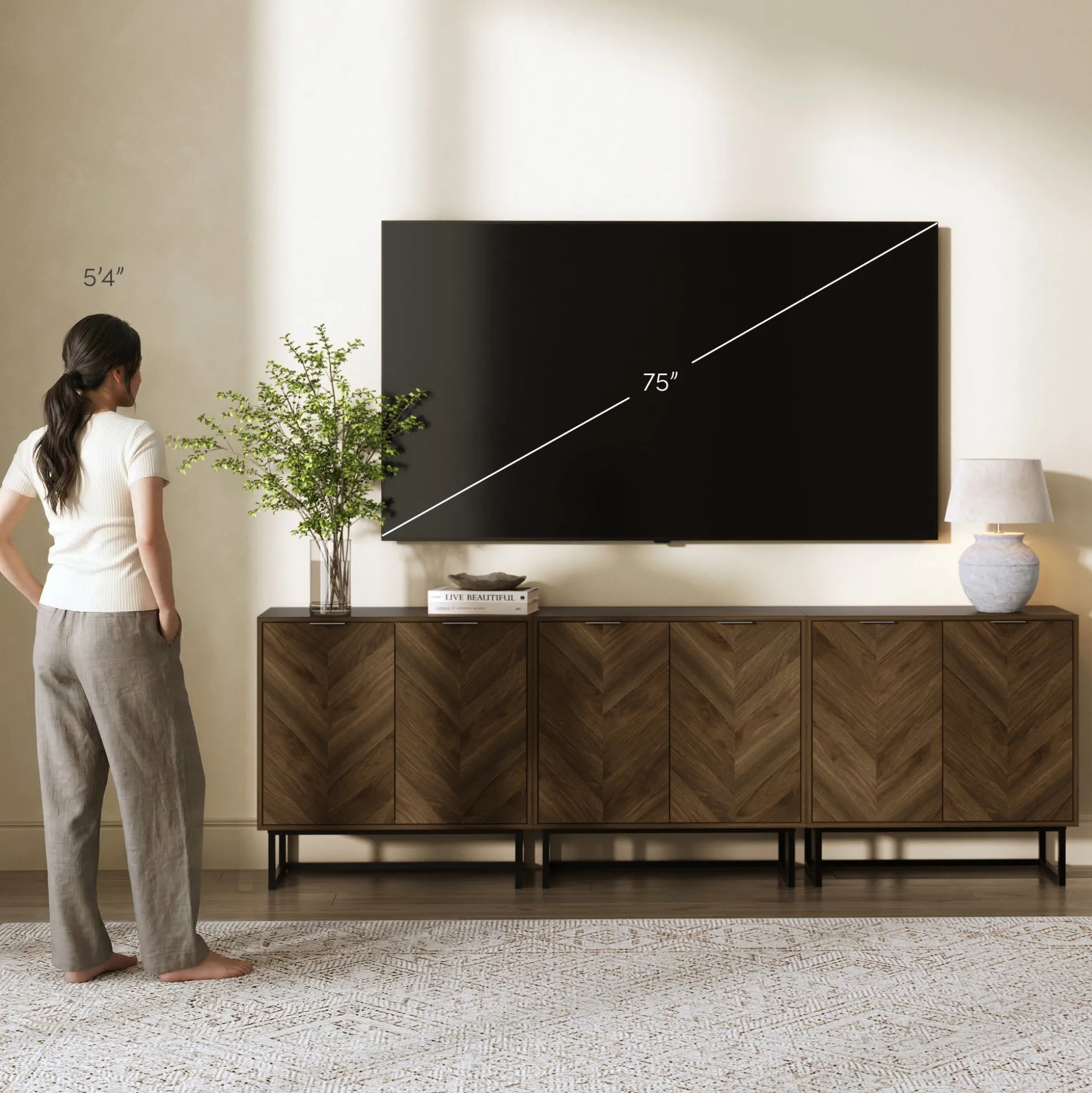 Wood Herringbone TV Console for TVs up to 75" Walnut