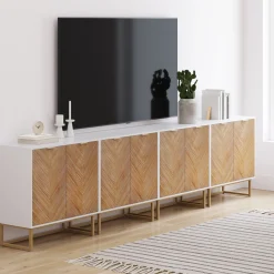 Wood Herringbone TV Console for TVs up to 100" Natural Wash/White