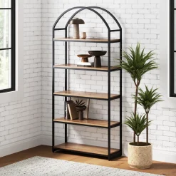 Wood & Metal 5-Shelf Arched Bookshelf Oak