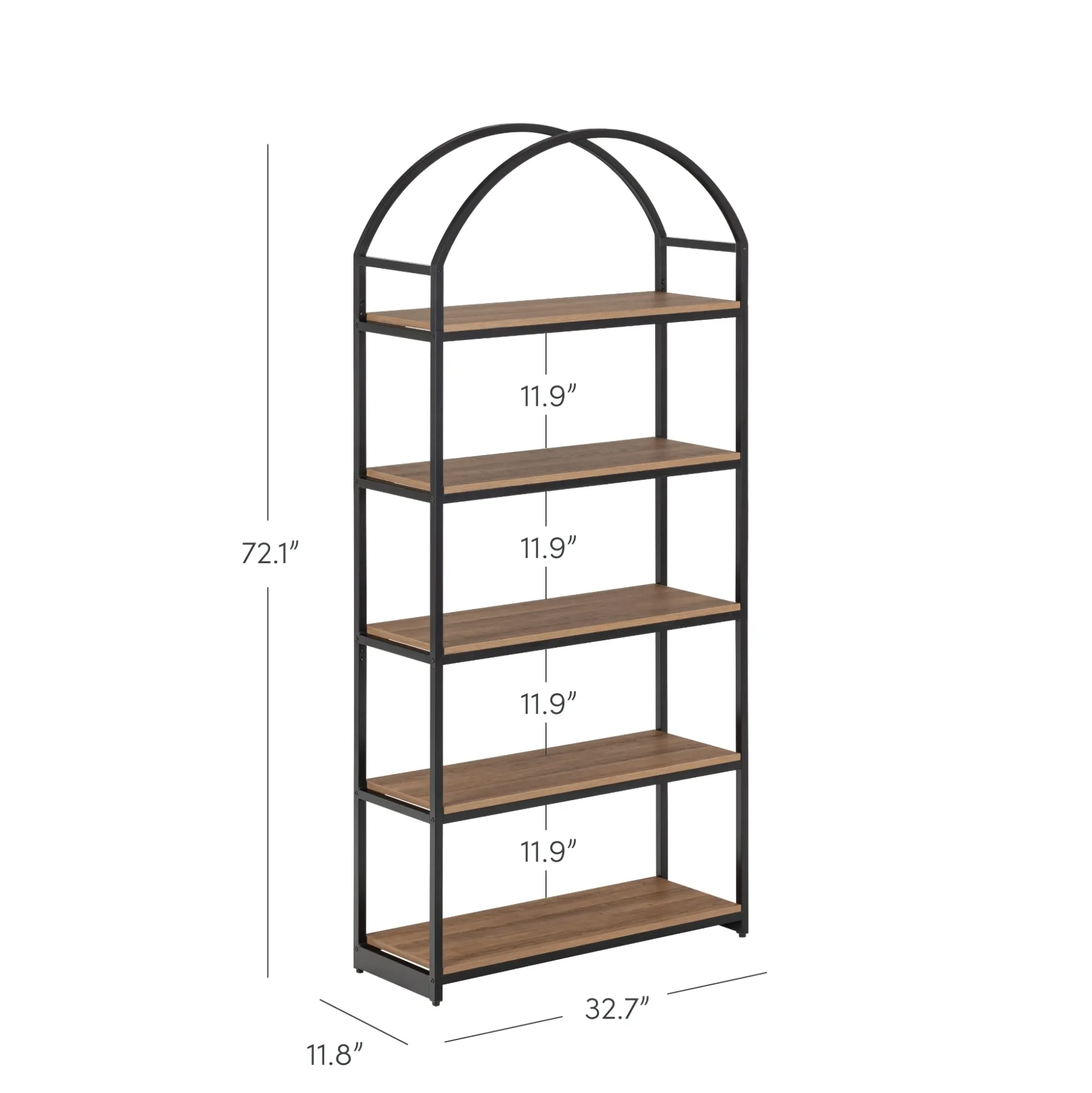 Wood & Metal 5-Shelf Arched Bookshelf Oak