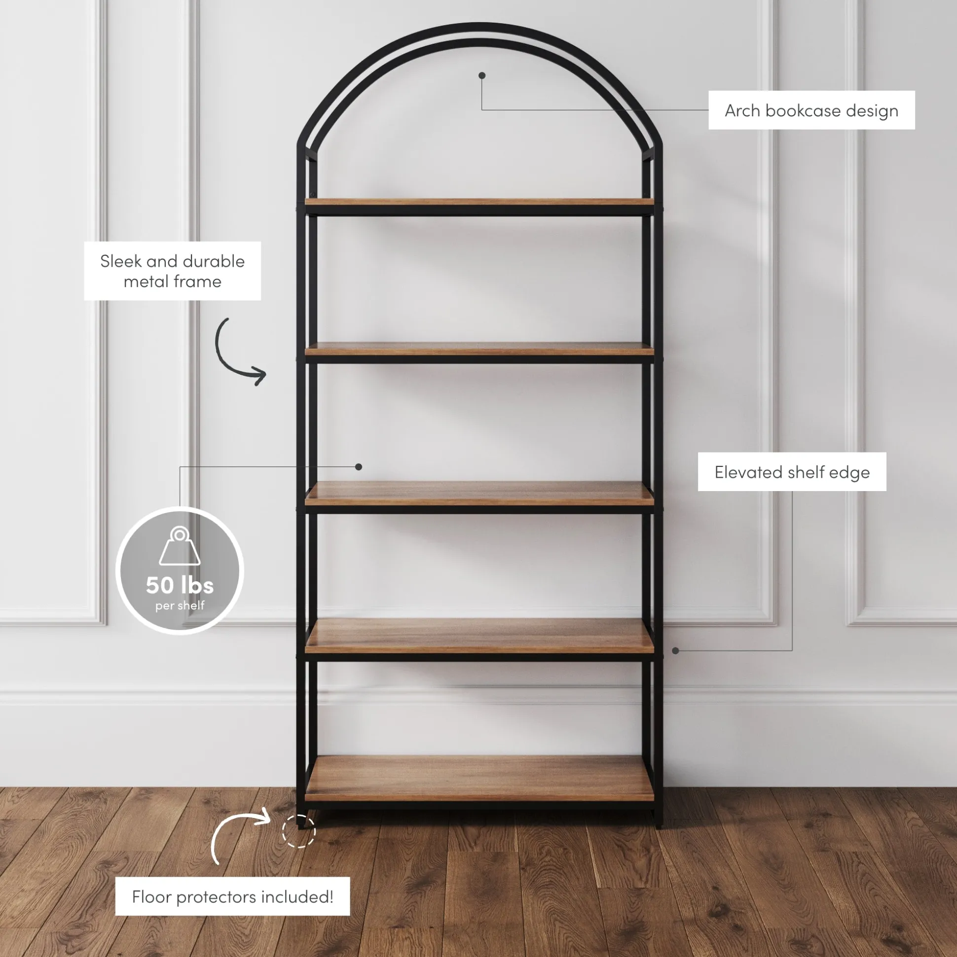 Wood & Metal 5-Shelf Arched Bookshelf Oak