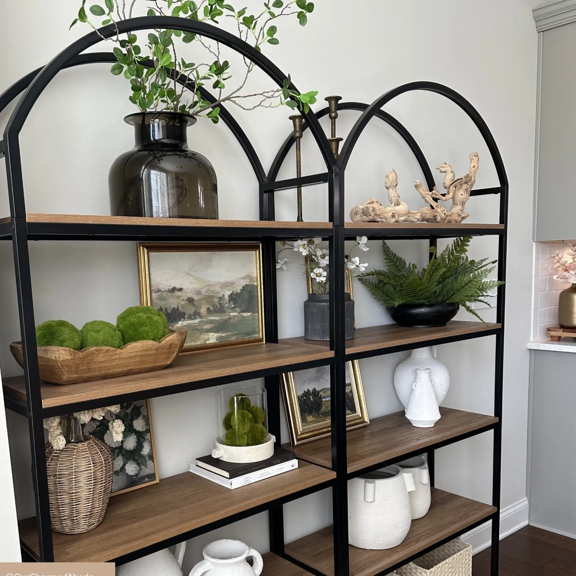 Wood & Metal 5-Shelf Arched Bookshelf Oak