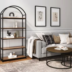 Wood & Metal 5-Shelf Arched Bookshelf Oak