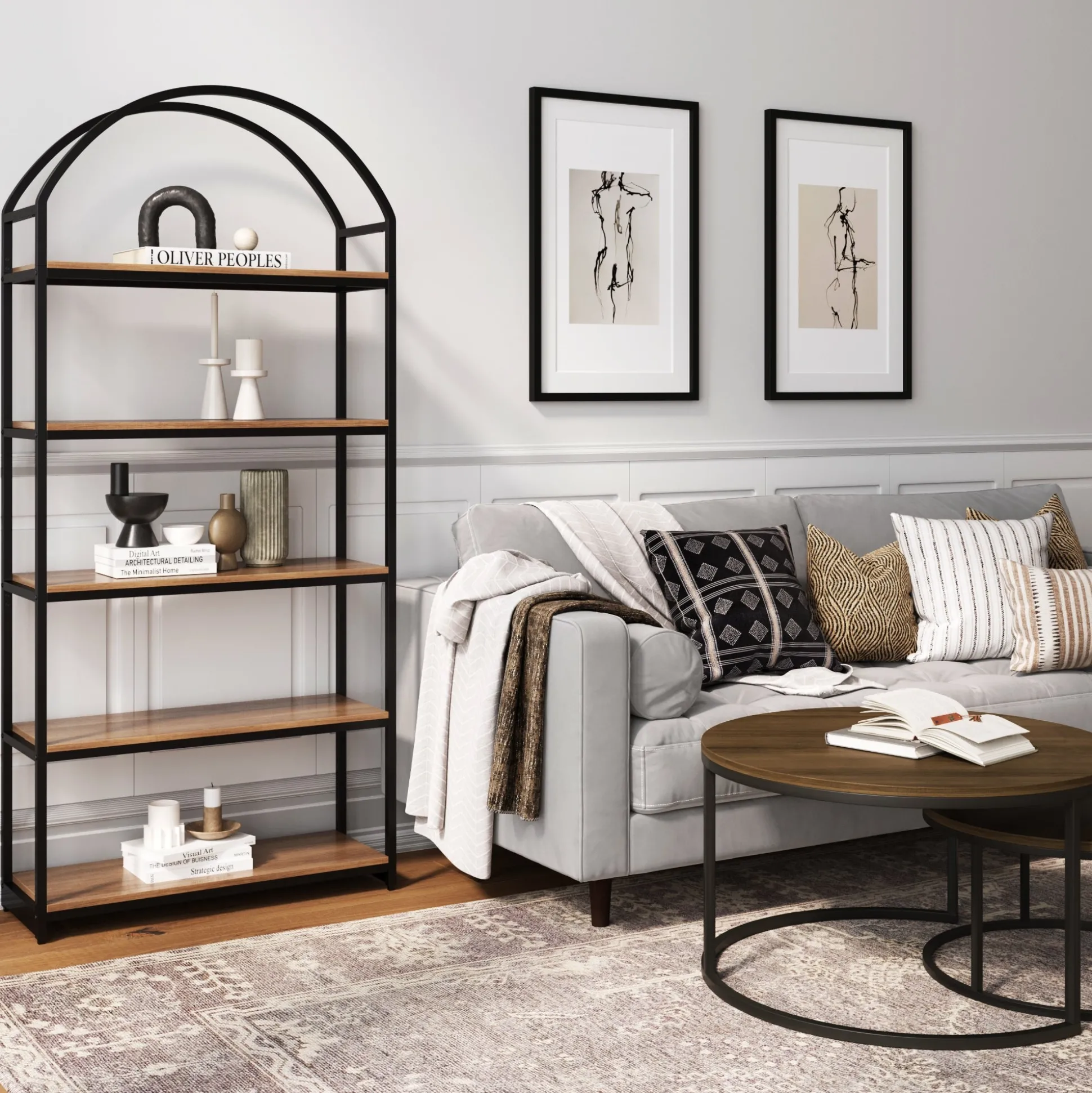 Wood & Metal 5-Shelf Arched Bookshelf Oak