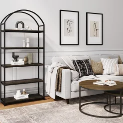 Wood & Metal 5-Shelf Arched Bookshelf Black