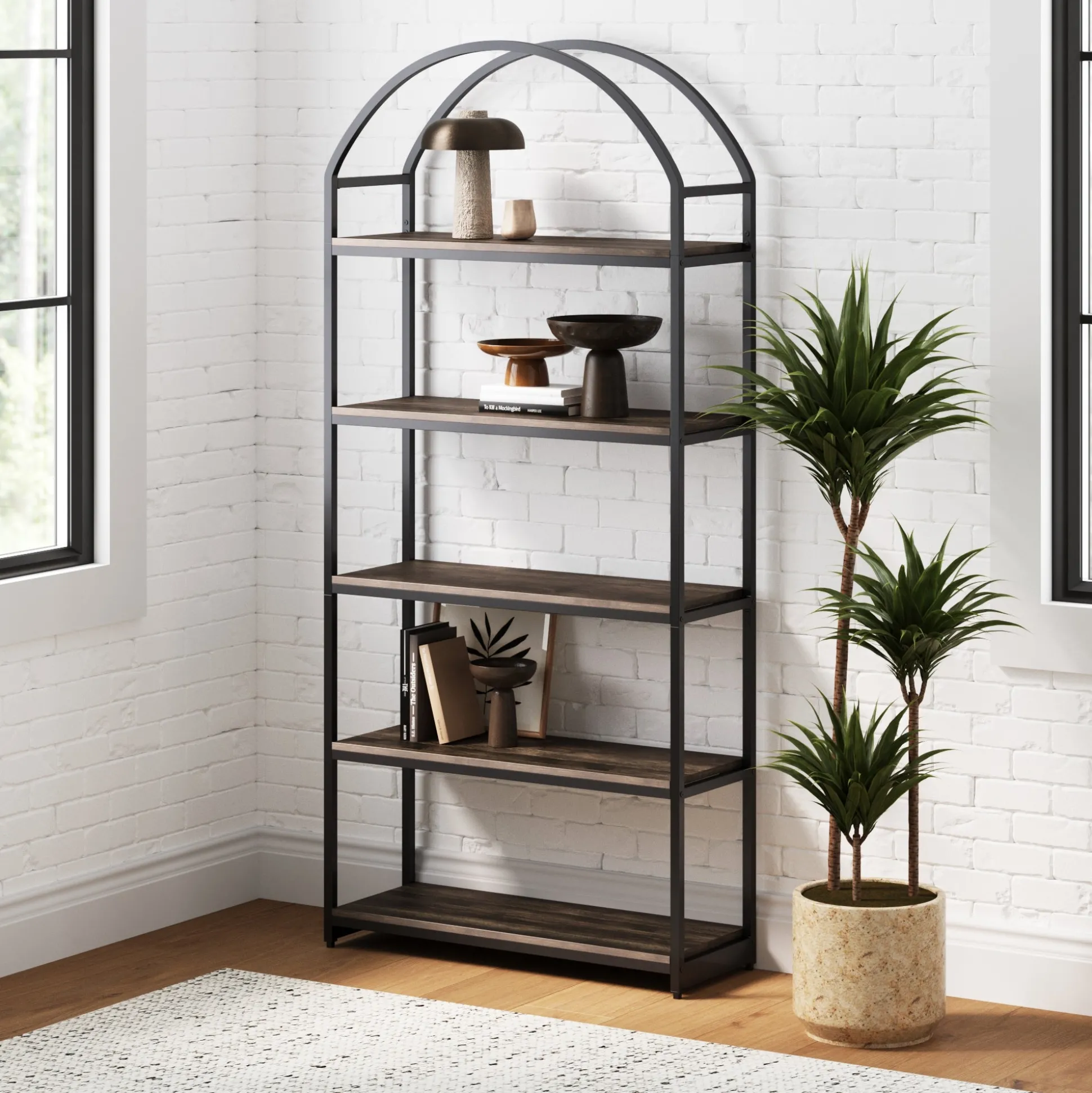 Wood & Metal 5-Shelf Arched Bookshelf Black