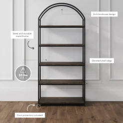 Wood & Metal 5-Shelf Arched Bookshelf Black