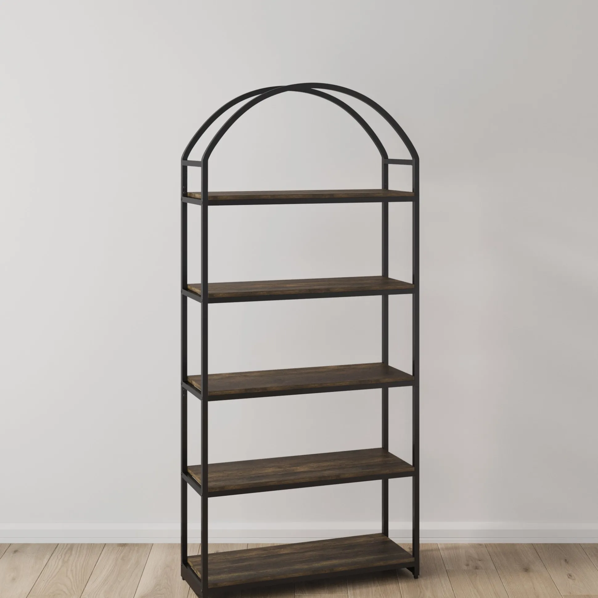 Wood & Metal 5-Shelf Arched Bookshelf Black
