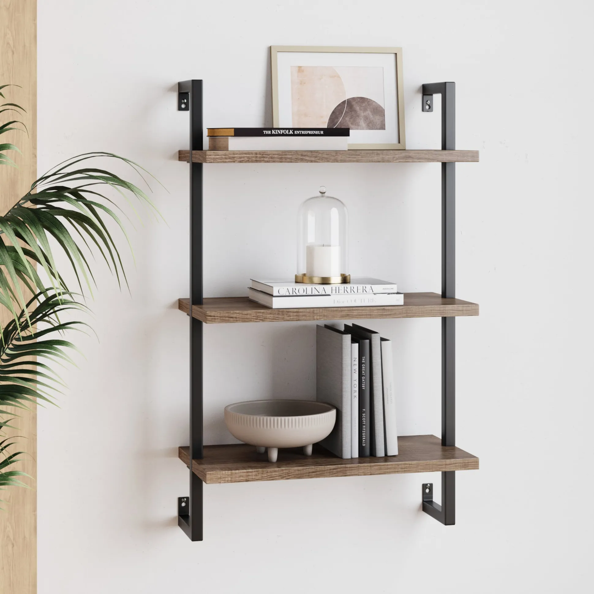 Wood & Metal 3-Shelf Floating Bookshelf Oak