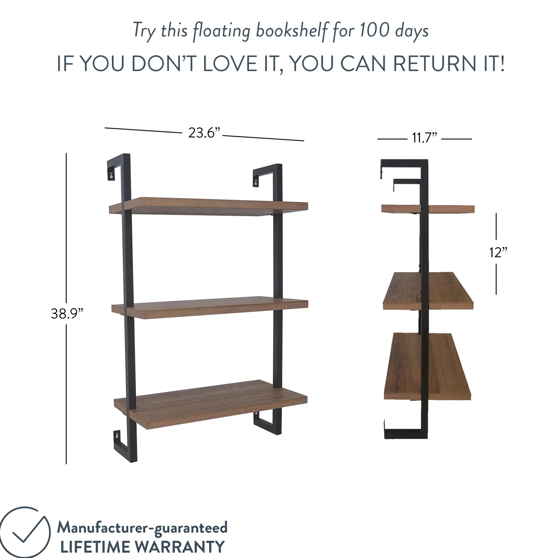 Wood & Metal 3-Shelf Floating Bookshelf Oak