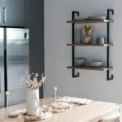 Wood & Metal 3-Shelf Floating Bookshelf Oak