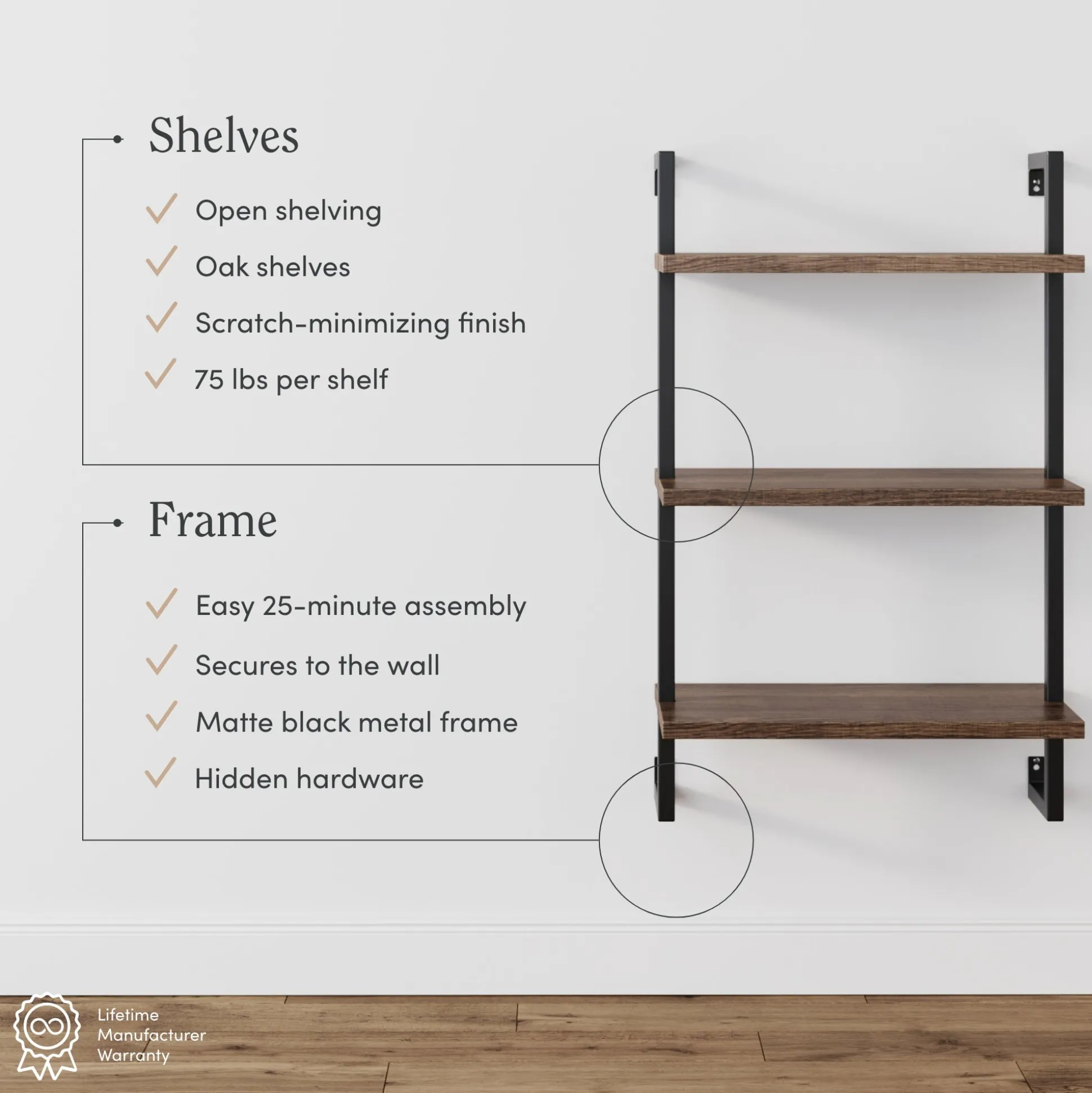 Wood & Metal 3-Shelf Floating Bookshelf Oak