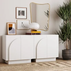 Wood Mid-Century Arched Cabinet Credenza White (2 Cabinets)