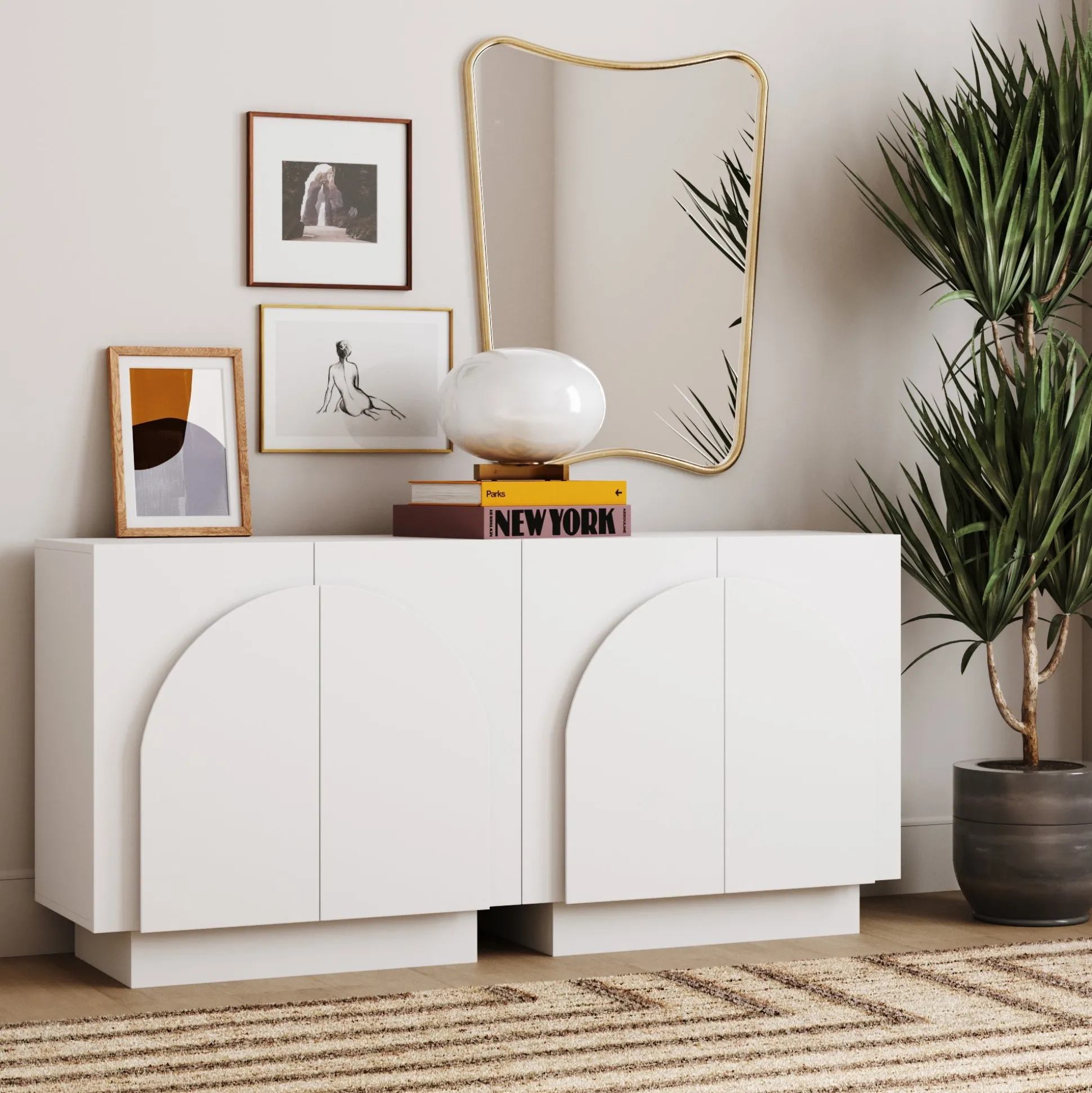 Wood Mid-Century Arched Cabinet Credenza White (2 Cabinets)