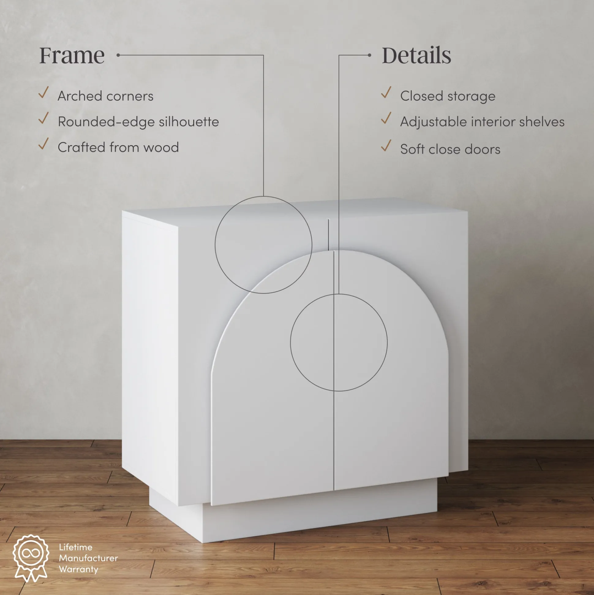 Wood Mid-Century Arched Cabinet Credenza White (3 Cabinets)