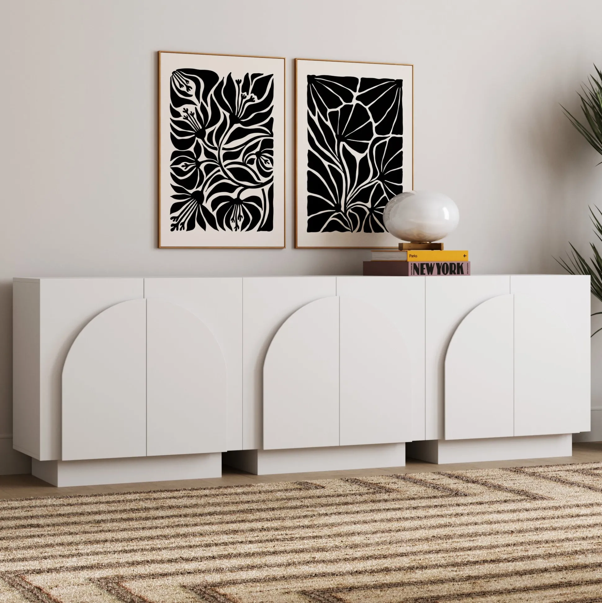 Wood Mid-Century Arched Cabinet Credenza White (3 Cabinets)