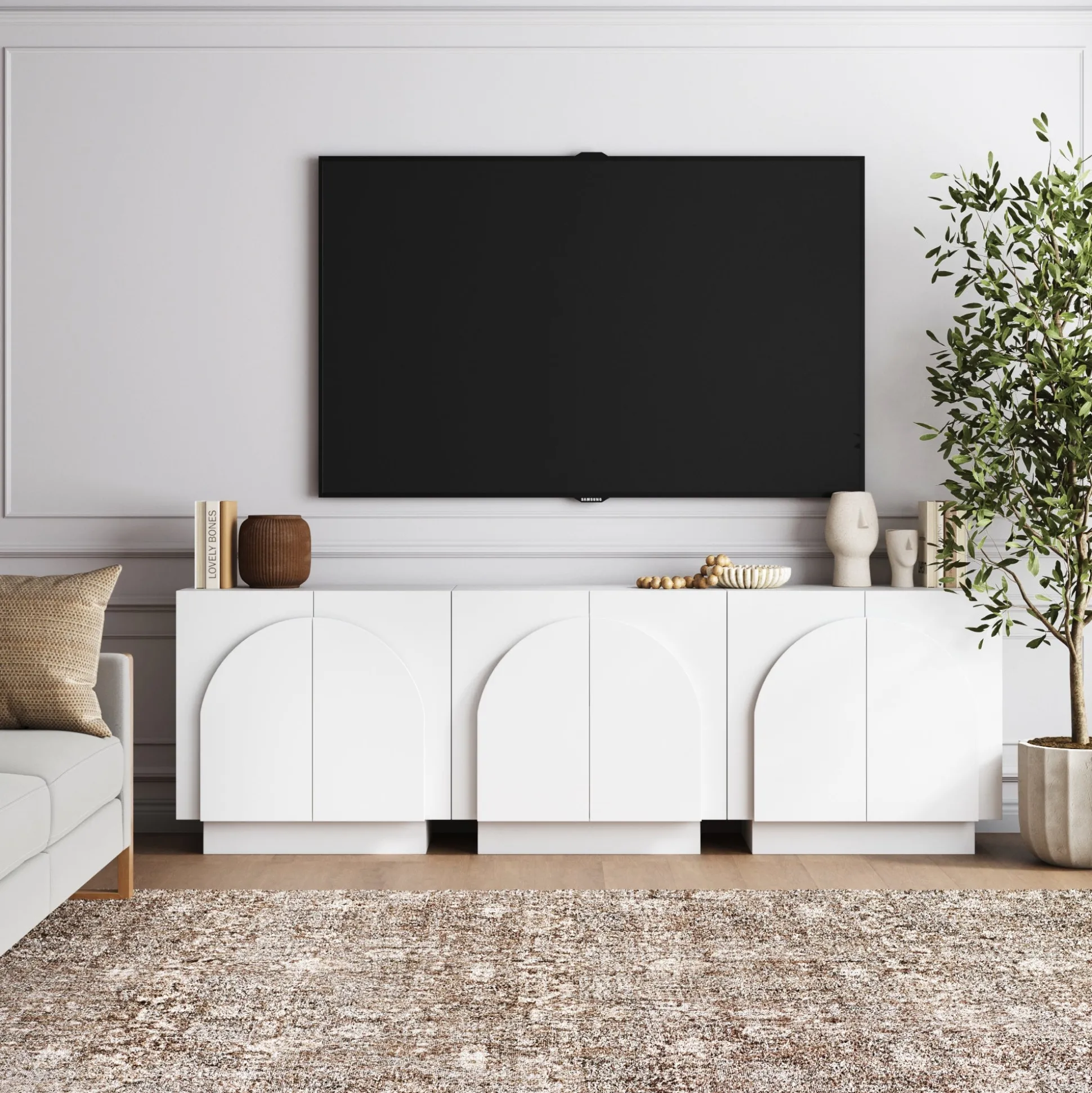 Wood Mid-Century Arched Cabinet Credenza White (3 Cabinets)