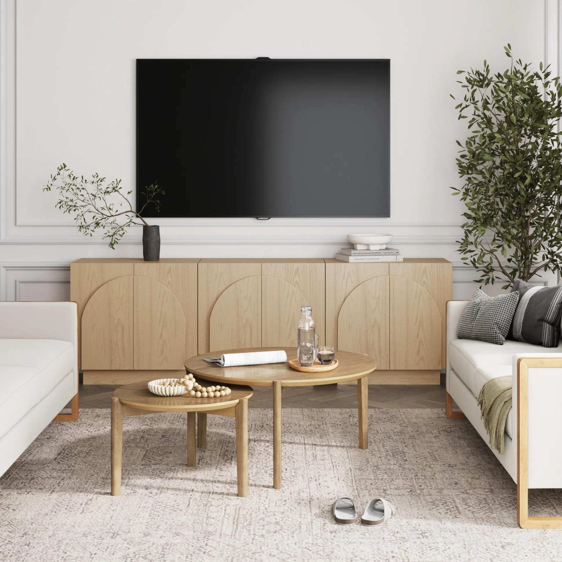 Wood Mid-Century Arched Storage Cabinet Credenza Gray Oak (Set of 3)