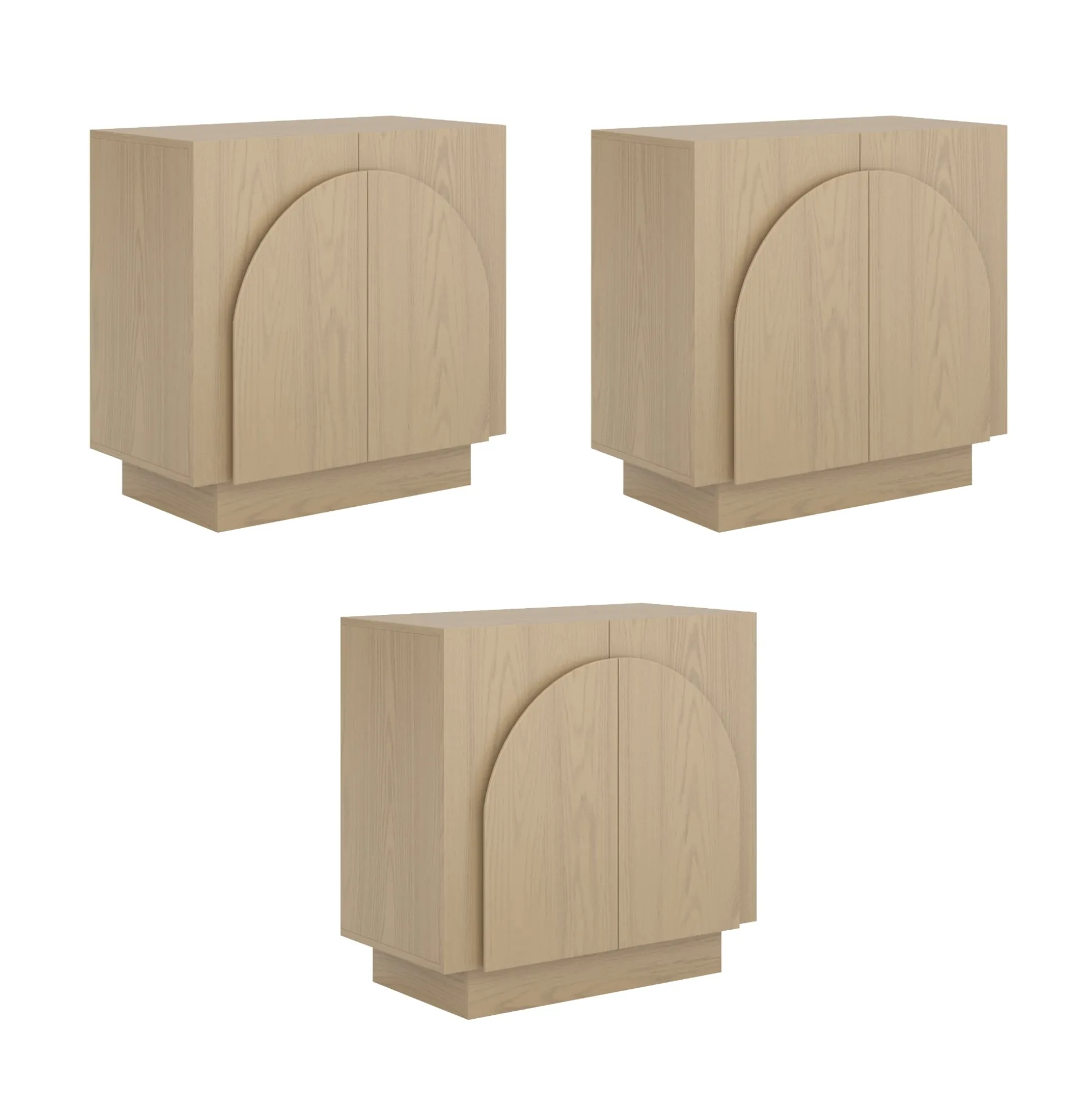 Wood Mid-Century Arched Storage Cabinet Credenza Gray Oak (Set of 3)