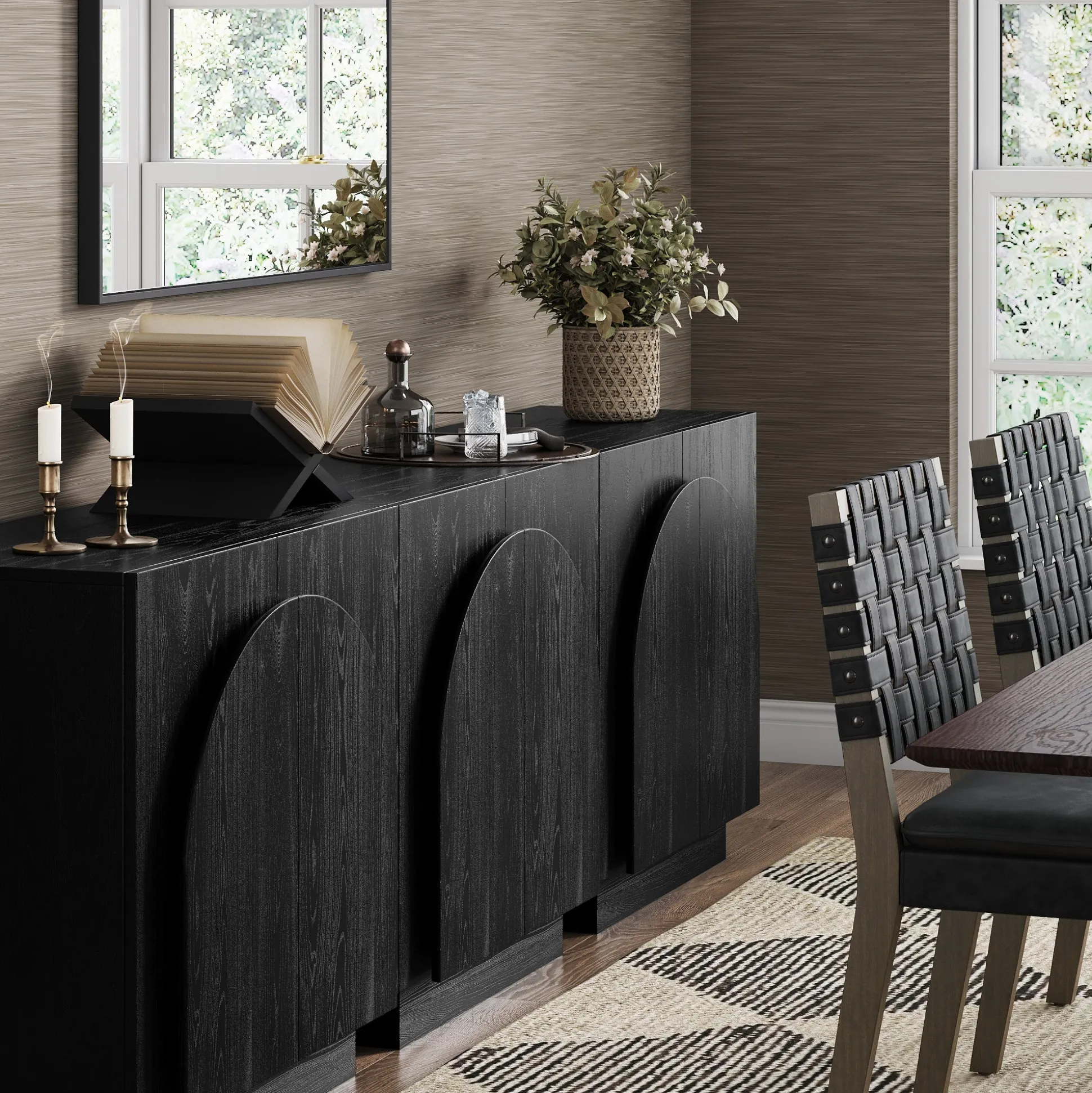 Wood Mid-Century Arched Storage Cabinet Black