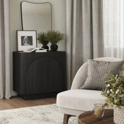 Wood Mid-Century Arched Storage Cabinet Black