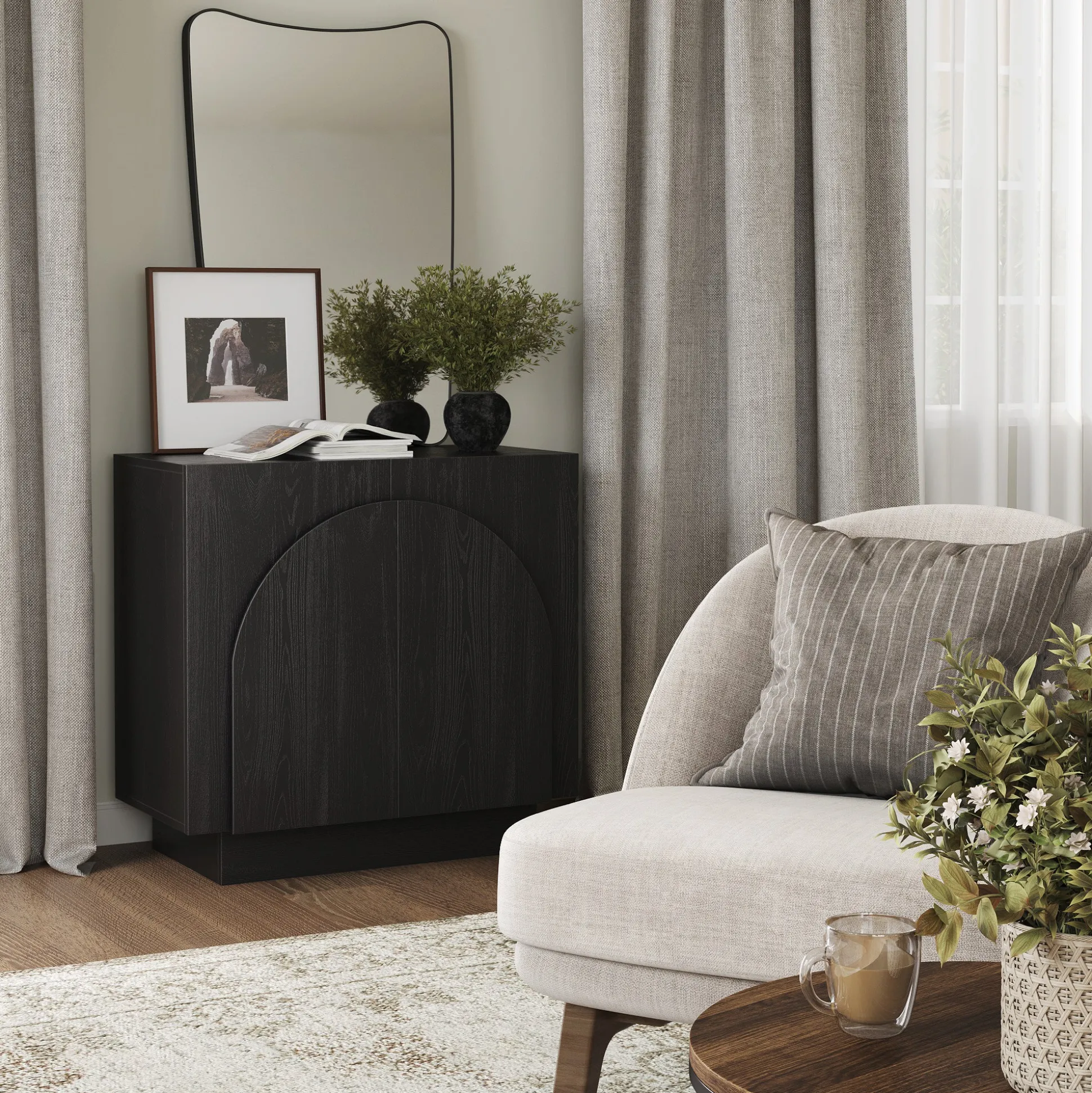 Wood Mid-Century Arched Storage Cabinet Black