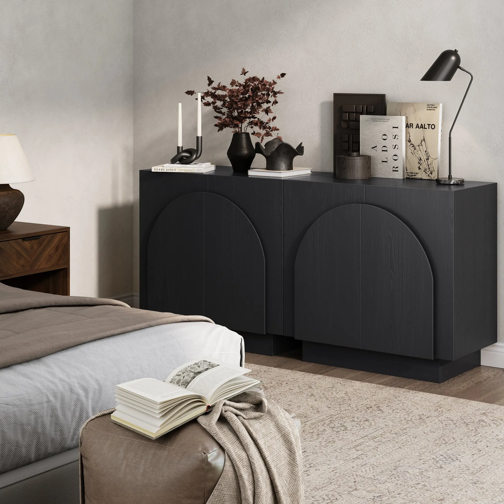 Wood Mid-Century Arched Storage Cabinet Black