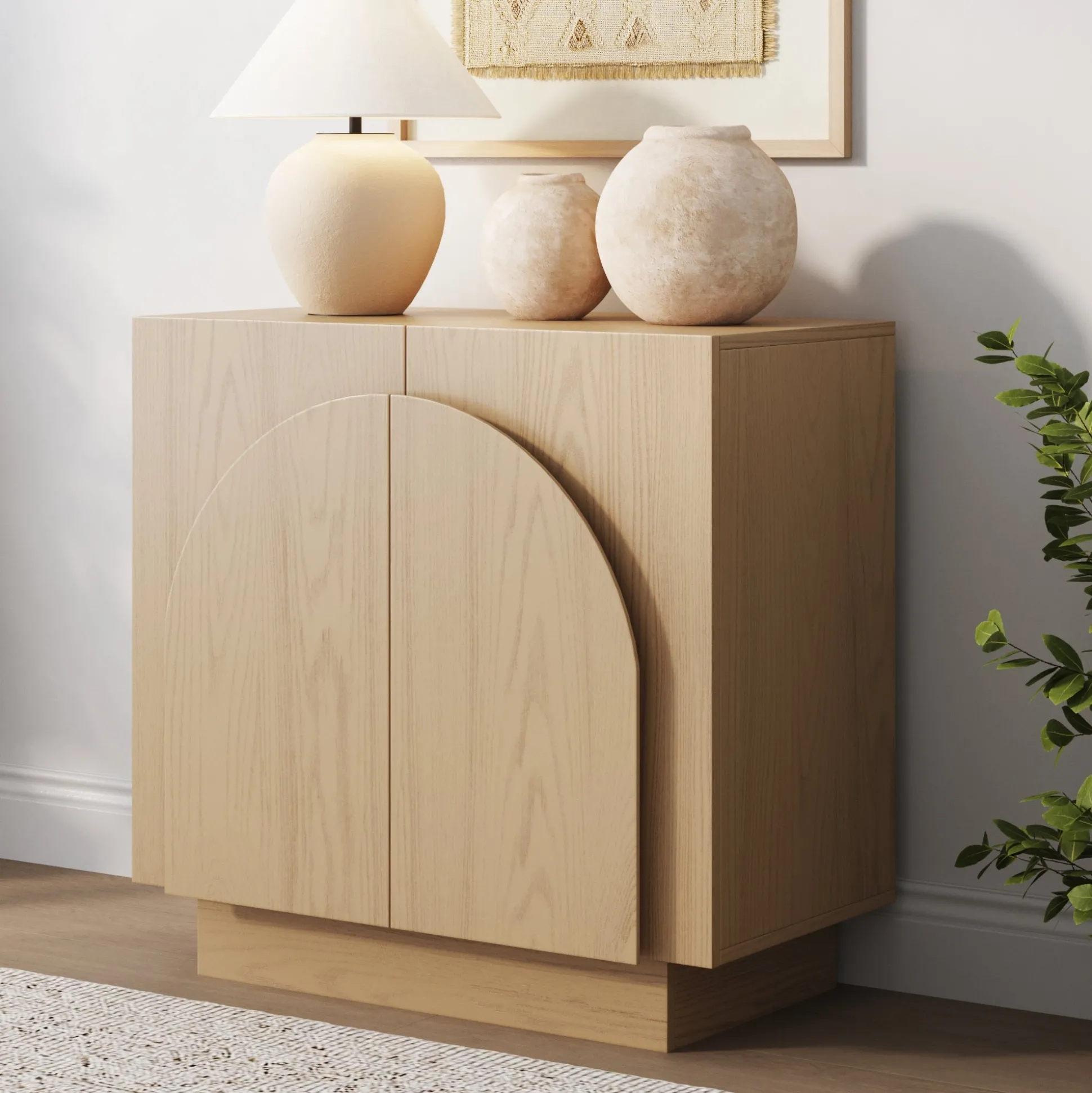 Wood Mid-Century Arched Storage Cabinet Gray Oak