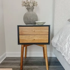 Wood Mid-Century Nightstand Acacia Black