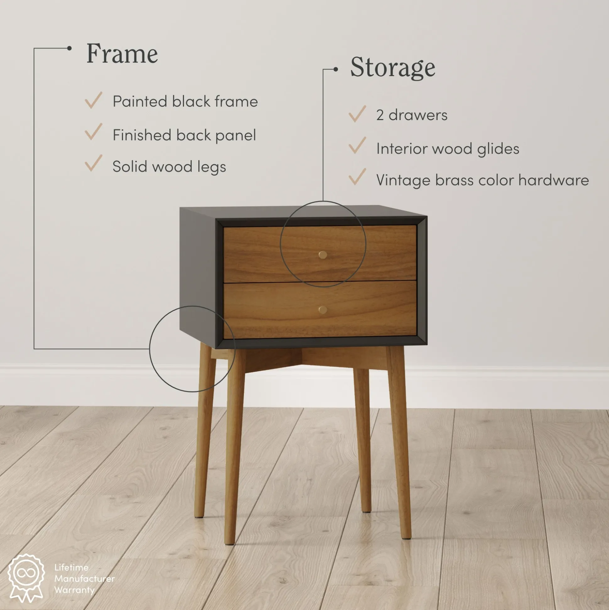 Wood Mid-Century Nightstand Acacia Black