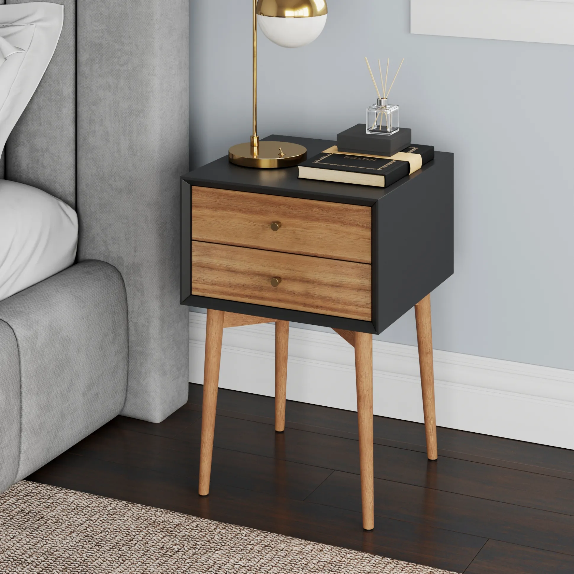 Wood Mid-Century Nightstand Acacia Black
